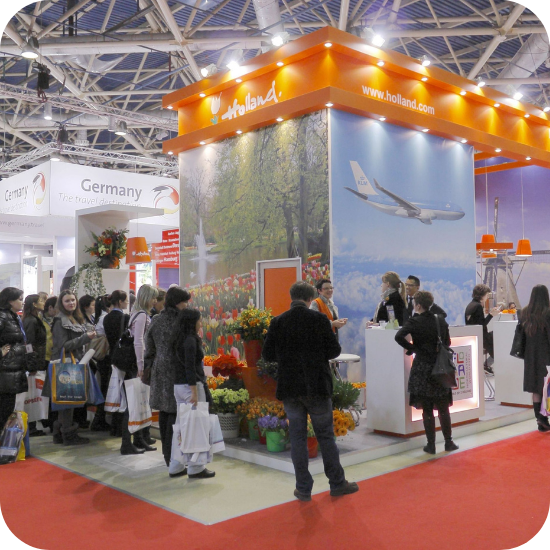 conference booth with orange lights